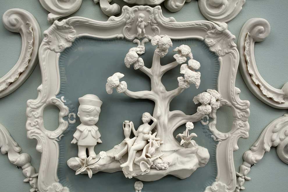 Beth Katleman Hostile Nature Ceramics Porcelain Wall Relief Wallpaper Detail